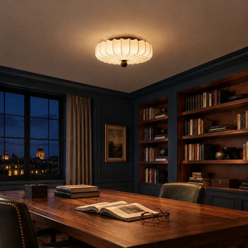 Alina 19.7 inch petal silk flush mount glowing in an ink blue library