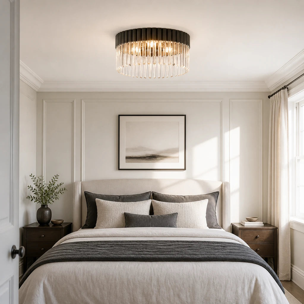 Soline Black Chrome crystal ceiling light switched on in a tailored bedroom