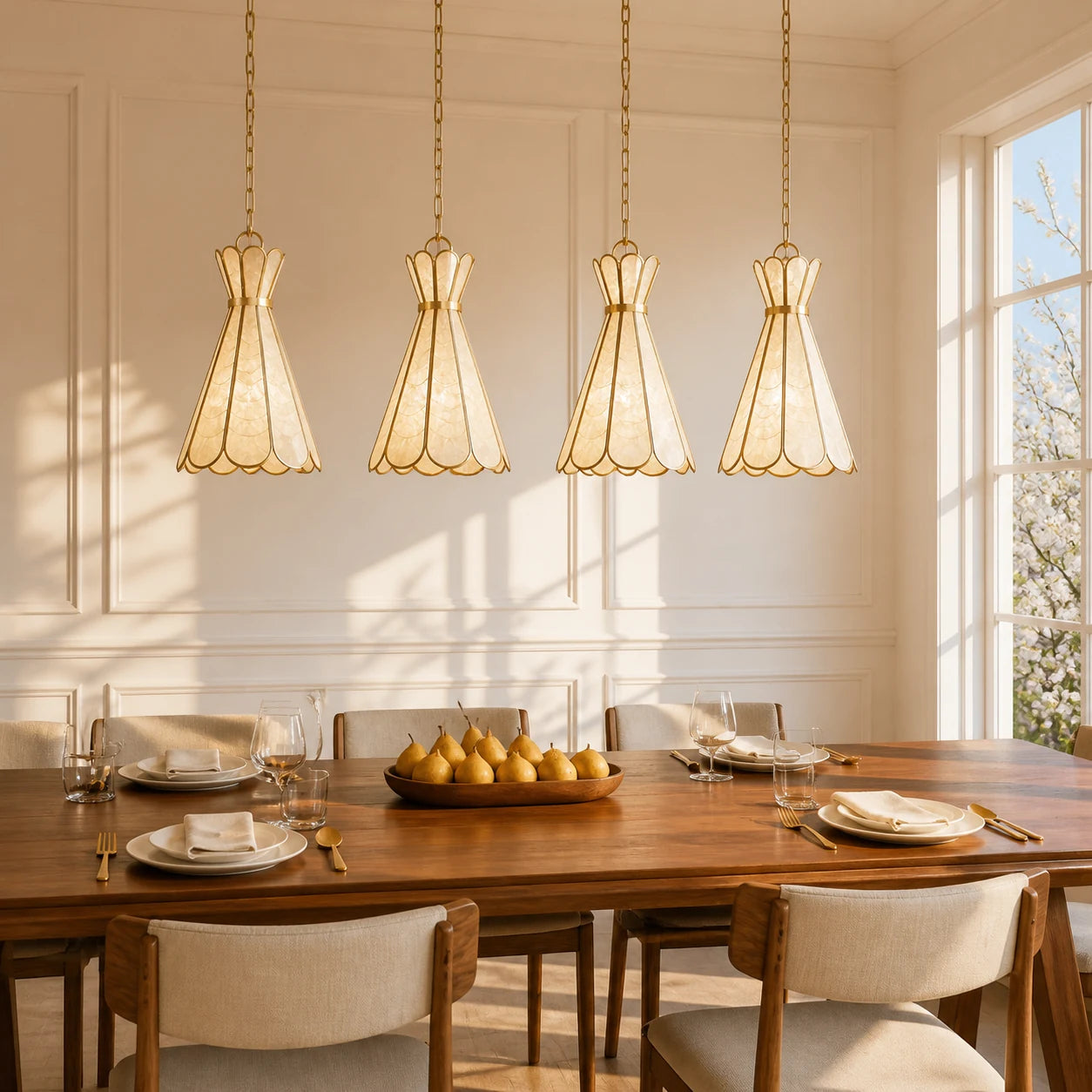 Four centered Mira Capiz shell pendant lights above a long walnut dining table