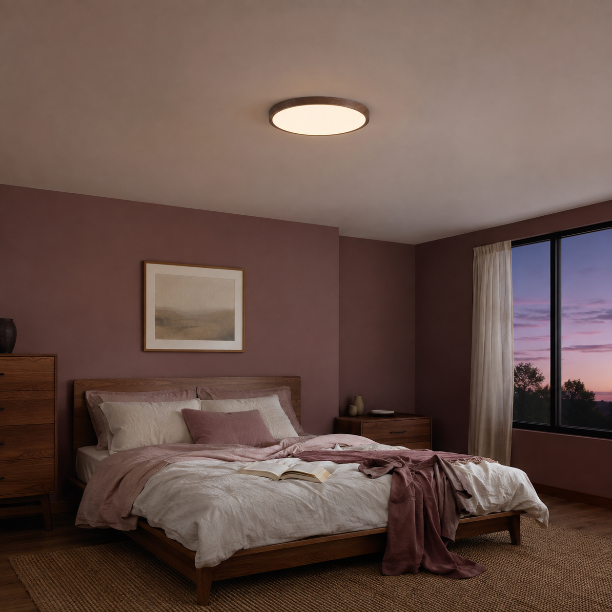 Walnut 15.7-inch Solenne ceiling light centered in a soft mauve bedroom