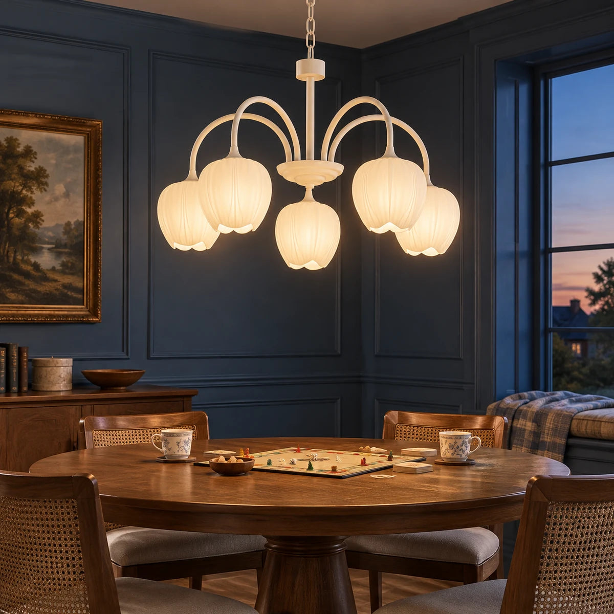 Tessara 5-light Creamy White chandelier in a blue twilight interior