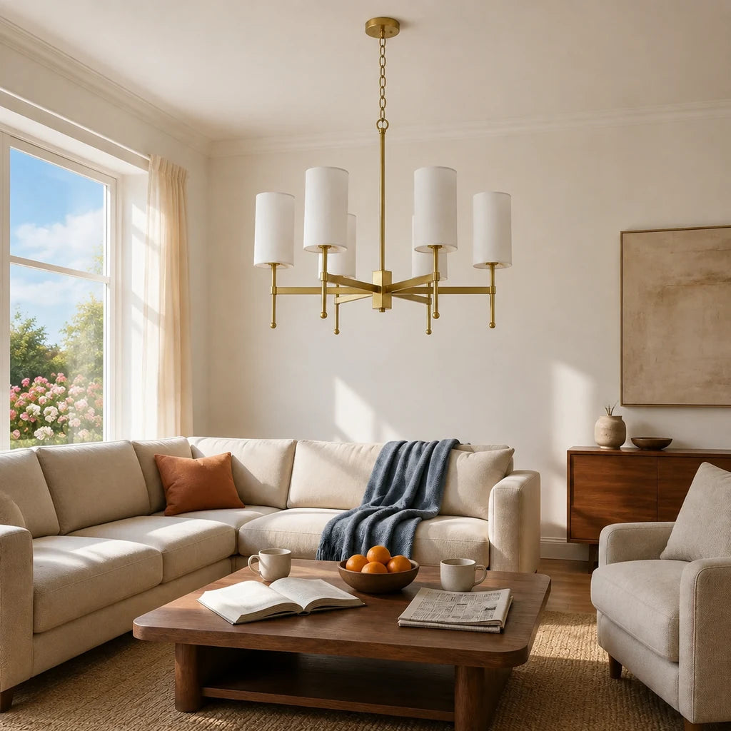 6-light Aster brass chandelier in a bright lived-in living room