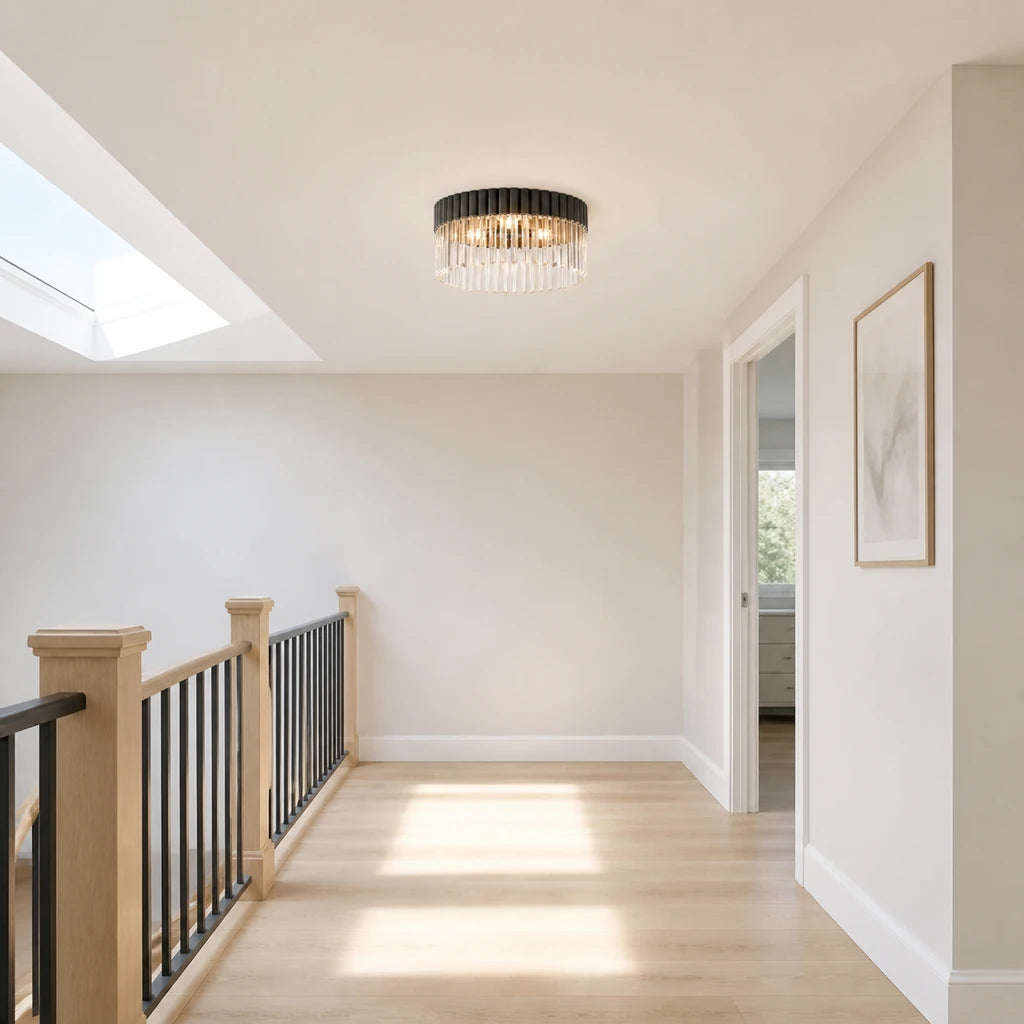 Soline Black Chrome crystal flush mount switched on at true scale above a bright landing