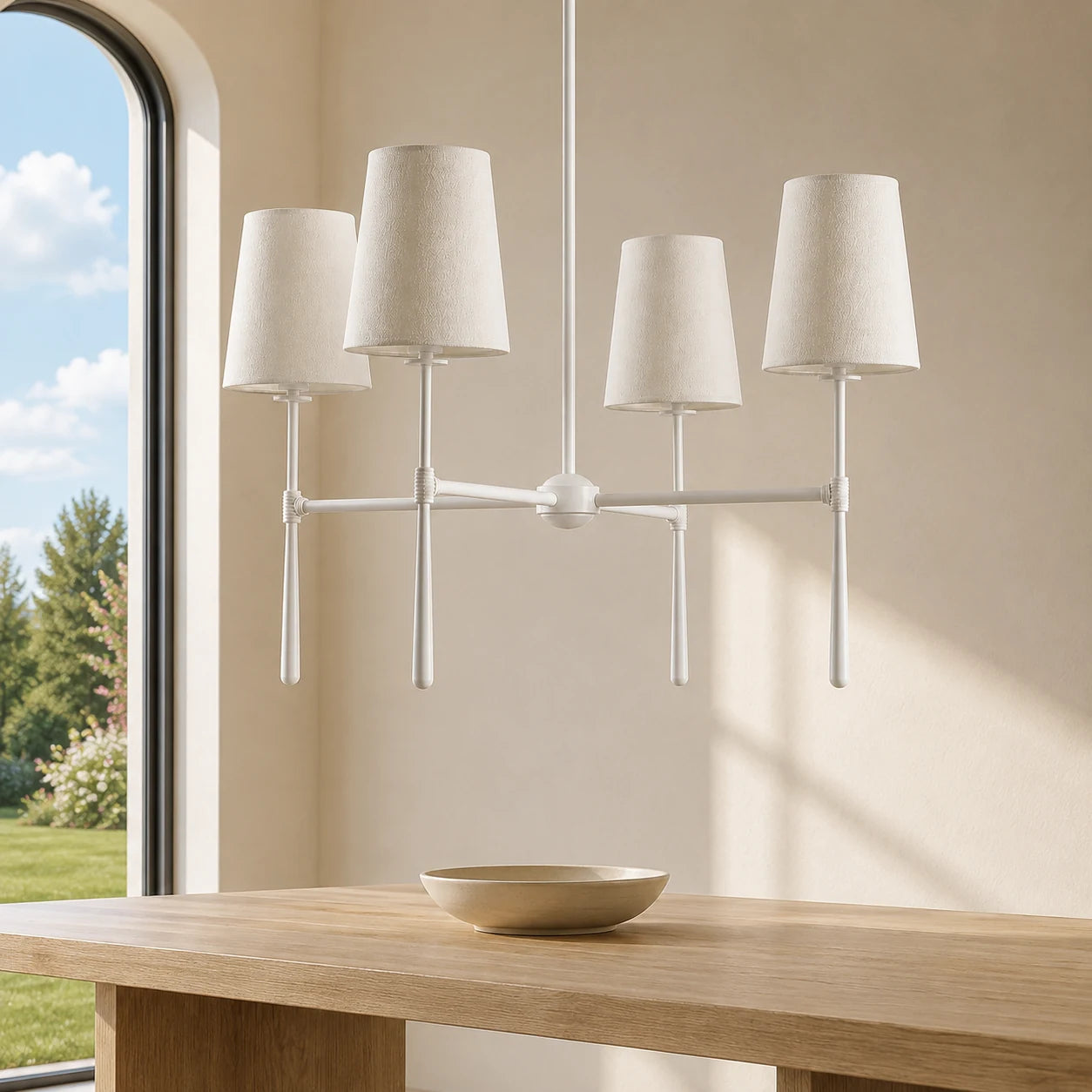 White four-light chandelier against a cream wall above a pale oak table