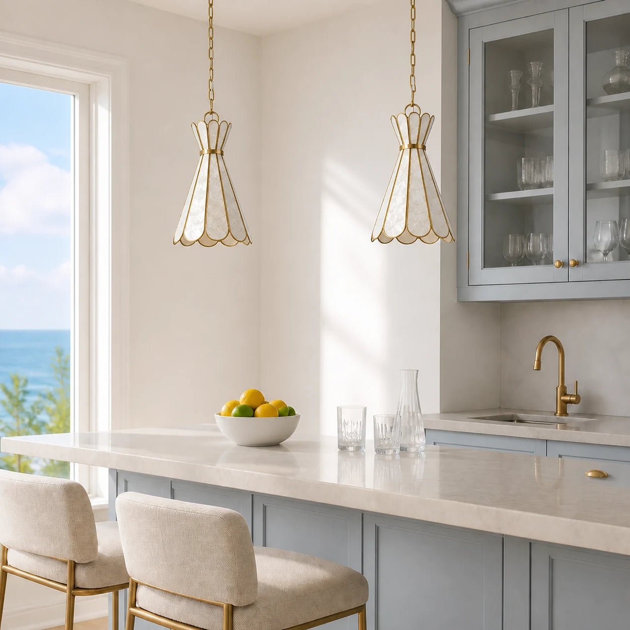 Two Mira Capiz shell pendant lights above a bright blue home bar