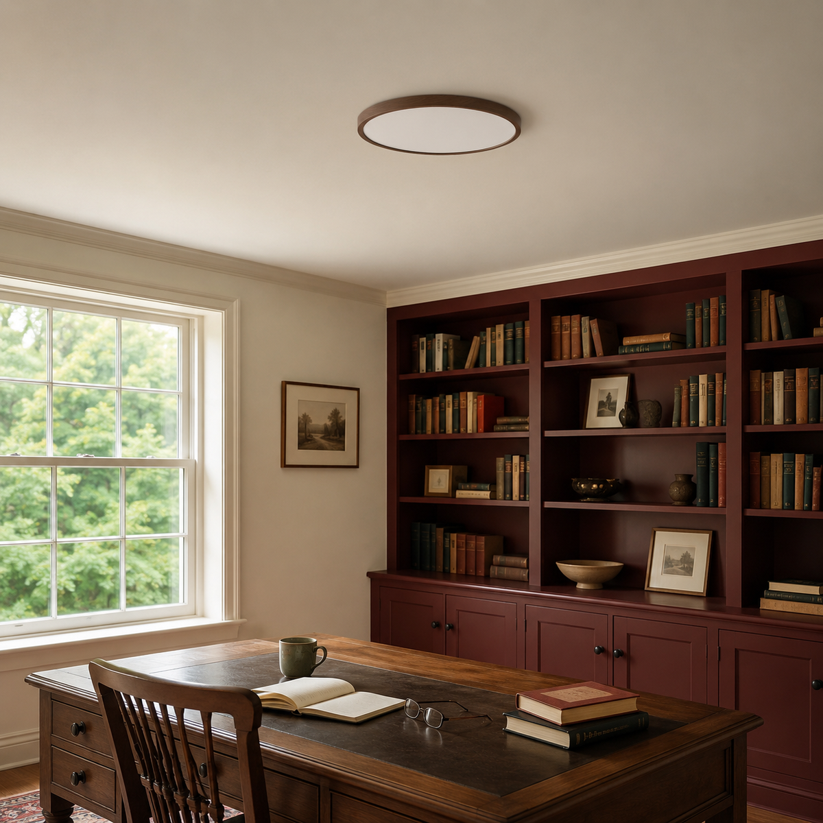 Walnut 15.7-inch Solenne ceiling light above a focused home study