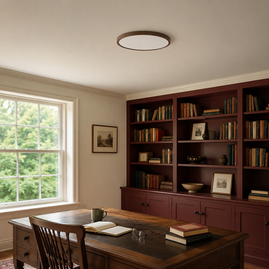 Walnut 15.7-inch Solenne ceiling light above a focused home study