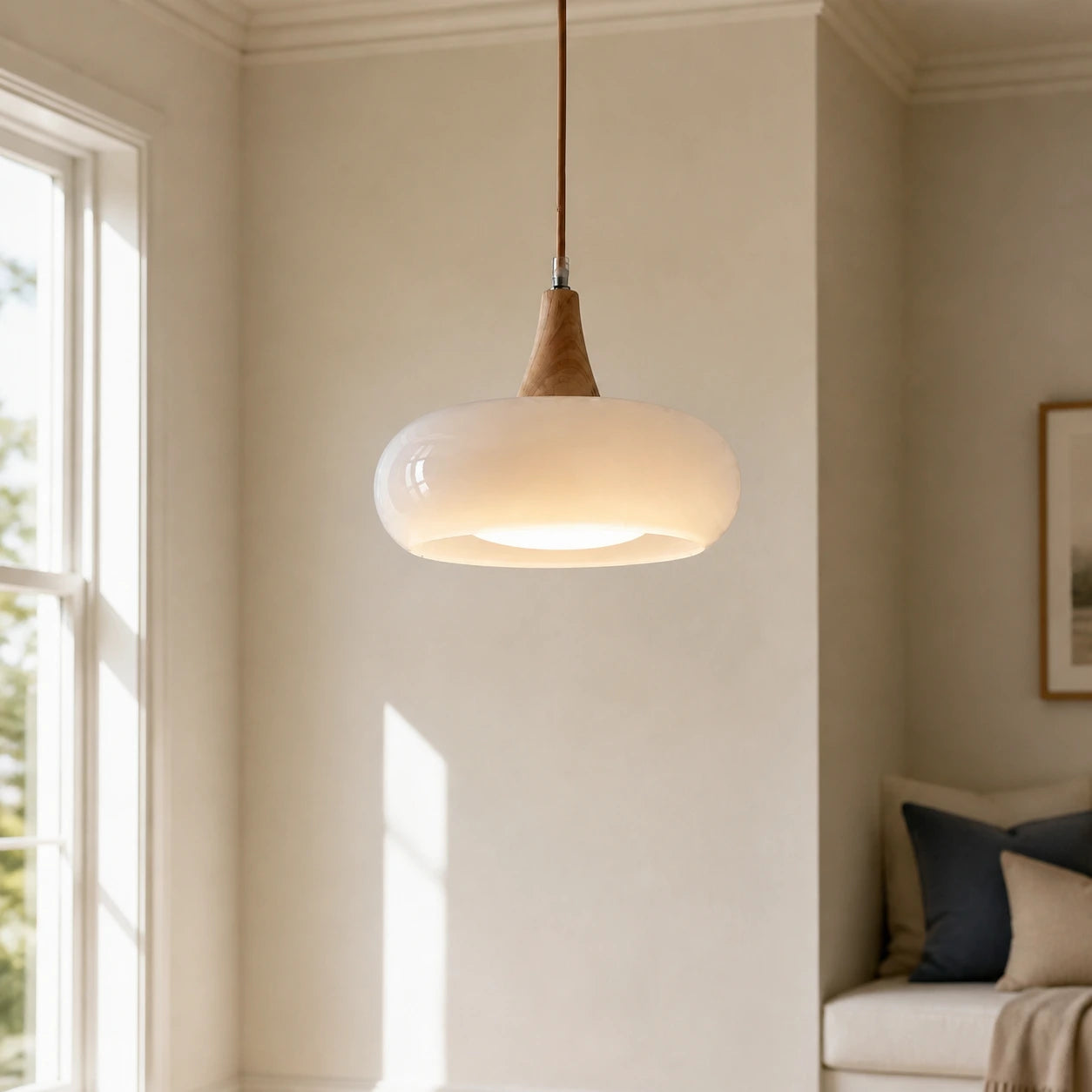 White Marie dome glass pendant in a sunlit living space