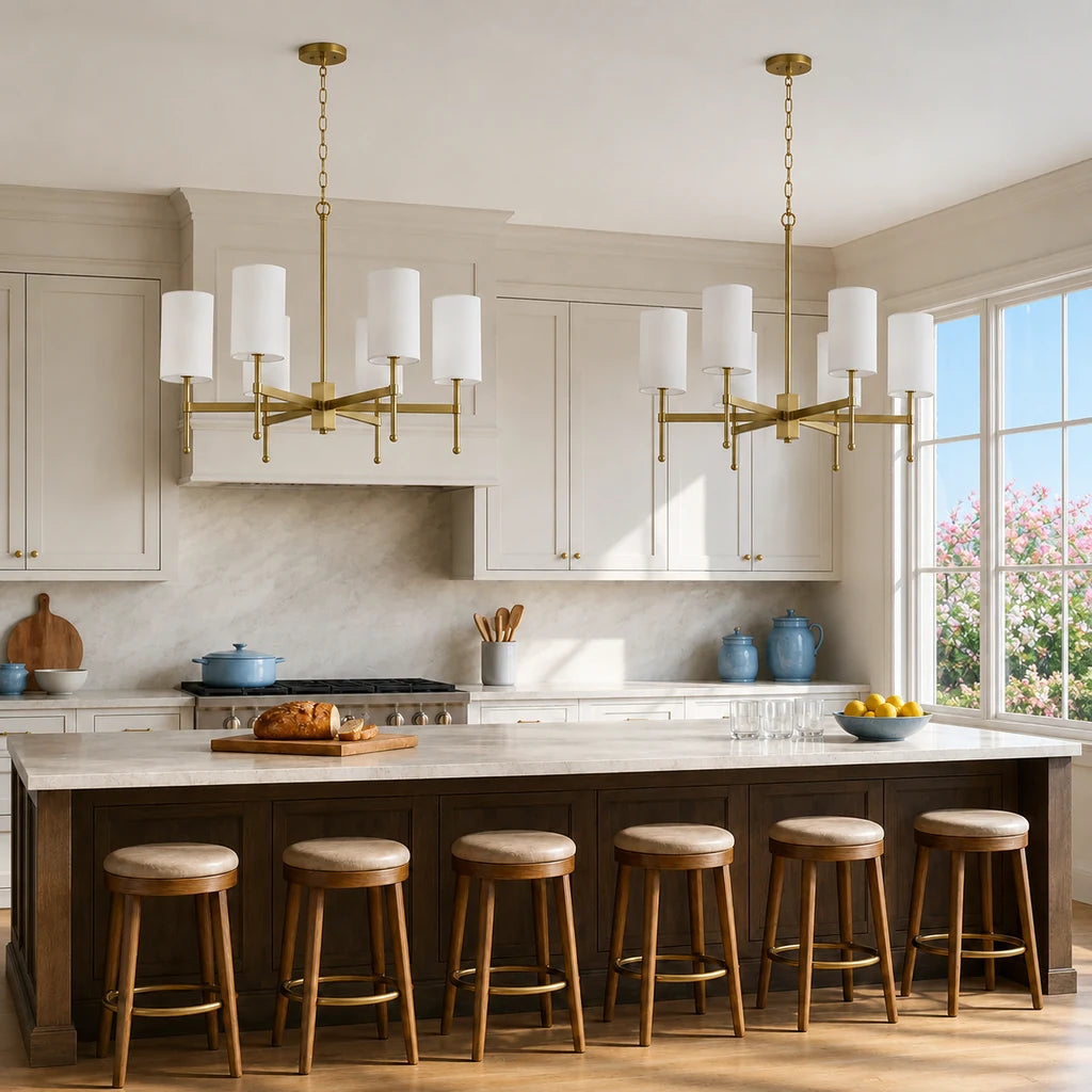 Pair of 6-light Aster brass chandeliers over a sunlit kitchen island