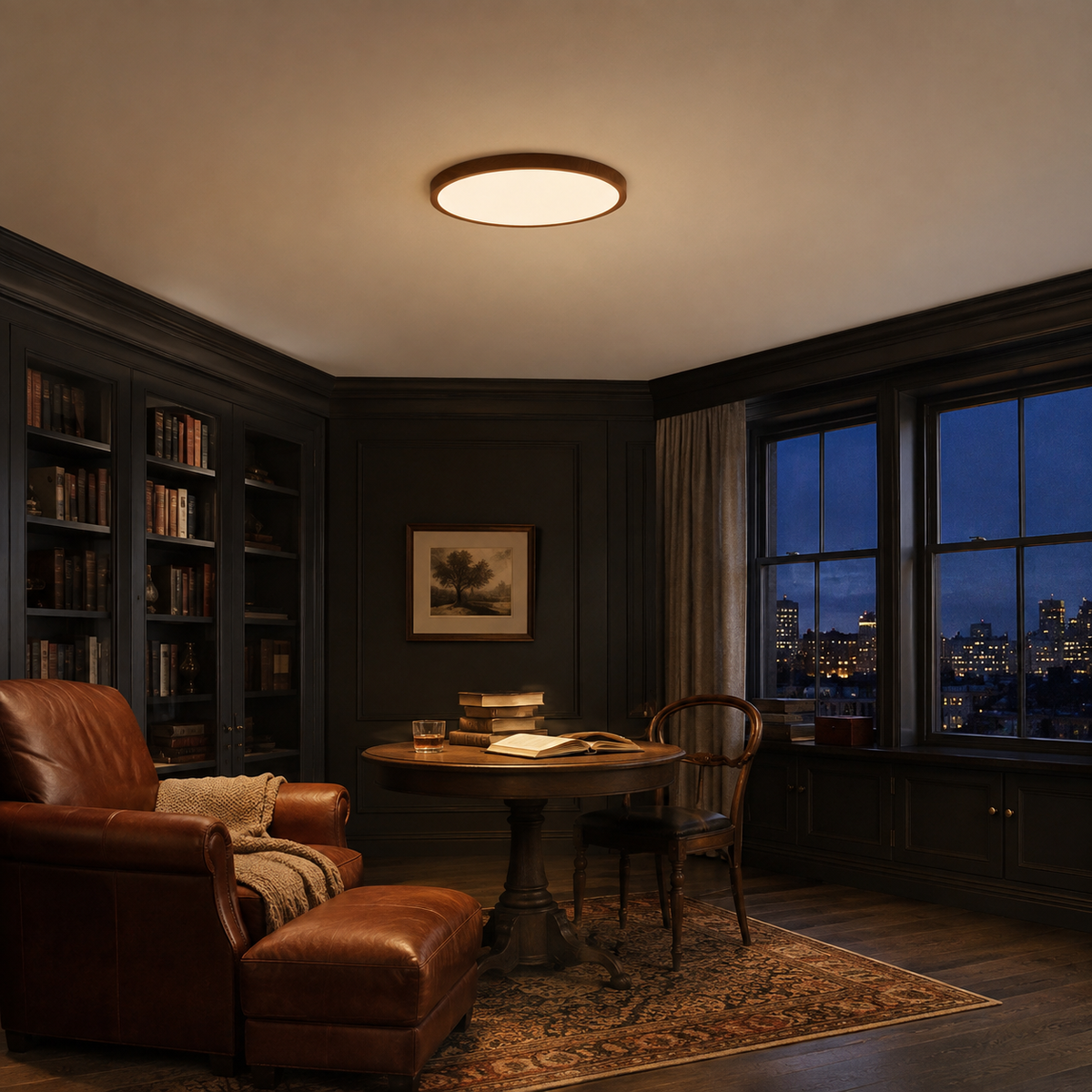 Walnut 15.7-inch Solenne ceiling light glowing in a dark blue evening den