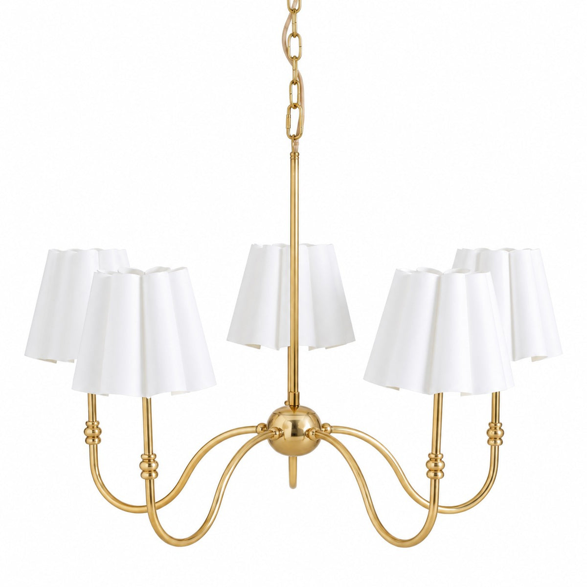 Aurelia antique brass five-light chandelier on a white background