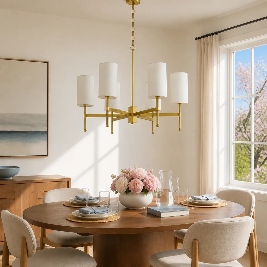 6-light Aster brass chandelier above a dining table with fresh flowers and blue sky outside