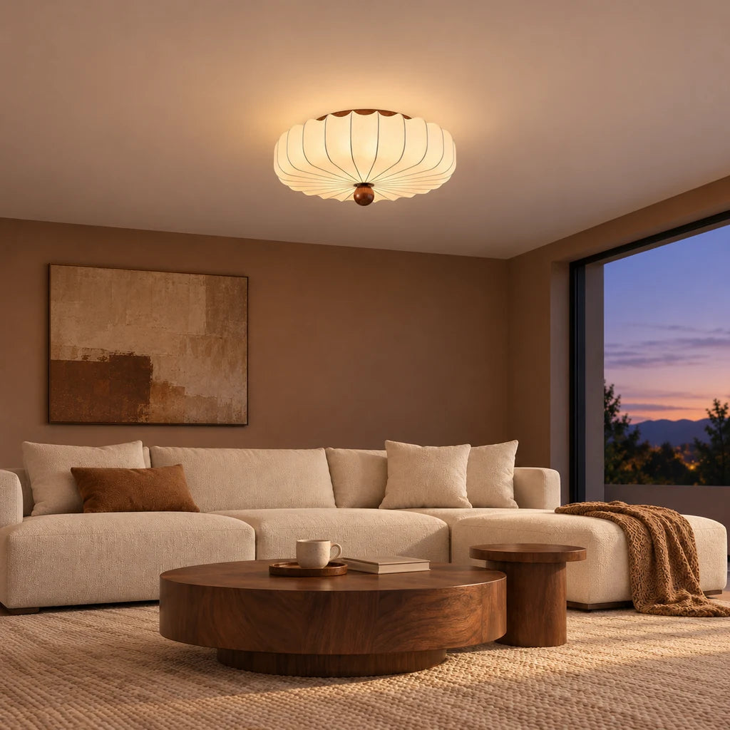 Alina 23.6 inch petal silk flush mount glowing in a dusk lounge