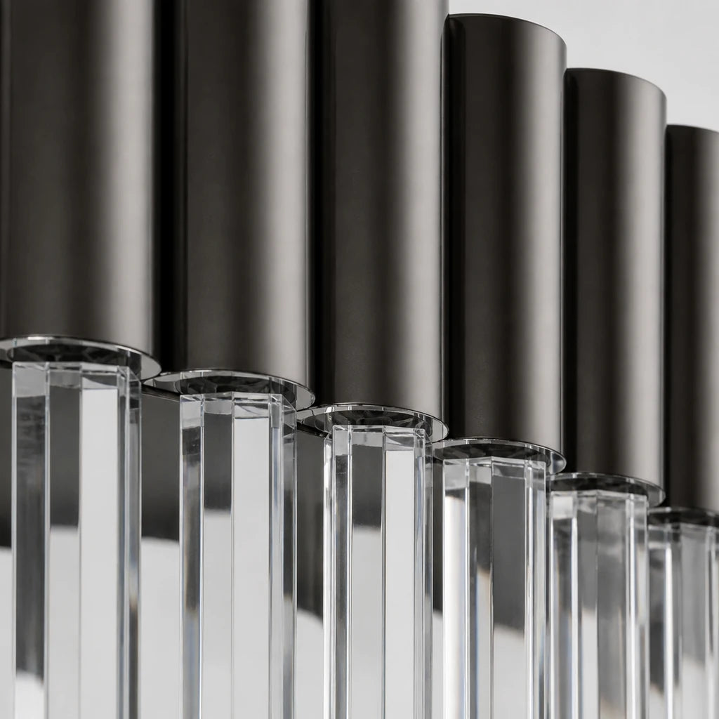 Ribbed metal frame and crystal joint detail on the Soline flush mount light