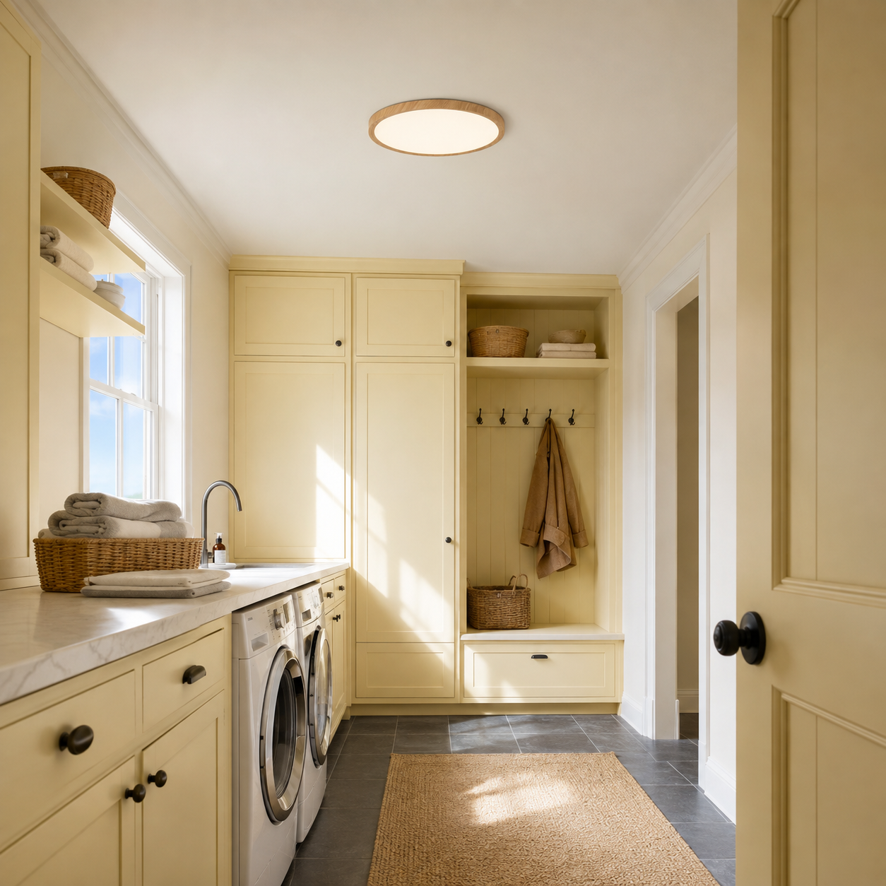 Natural Wood 11.8-inch Solenne ceiling light in a bright lived-in laundry room