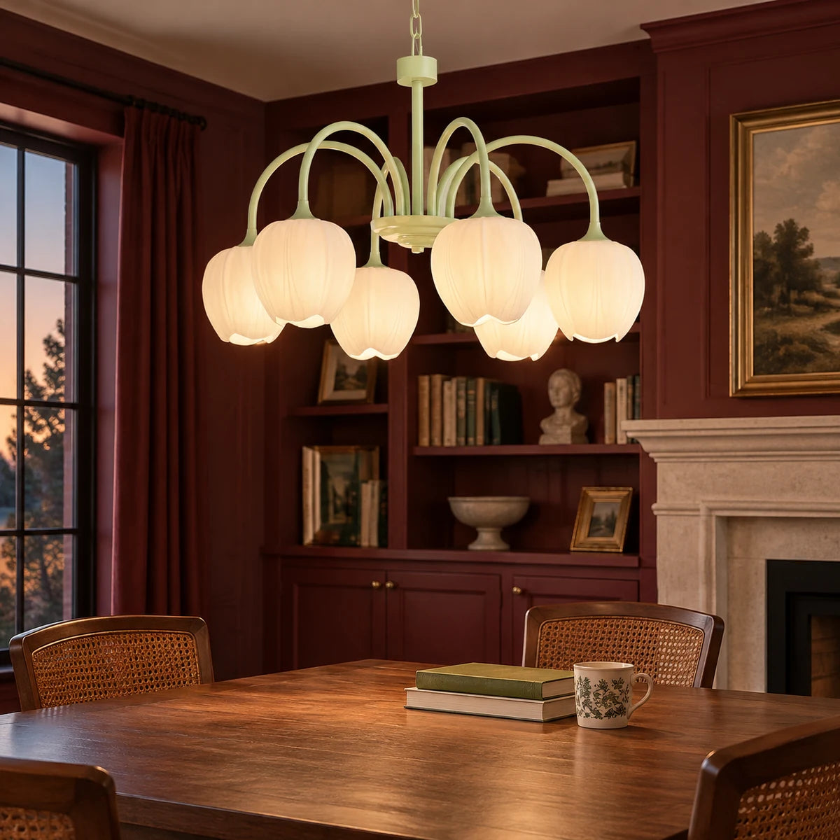 Tessara 6-light Matcha Green chandelier in a library at dusk