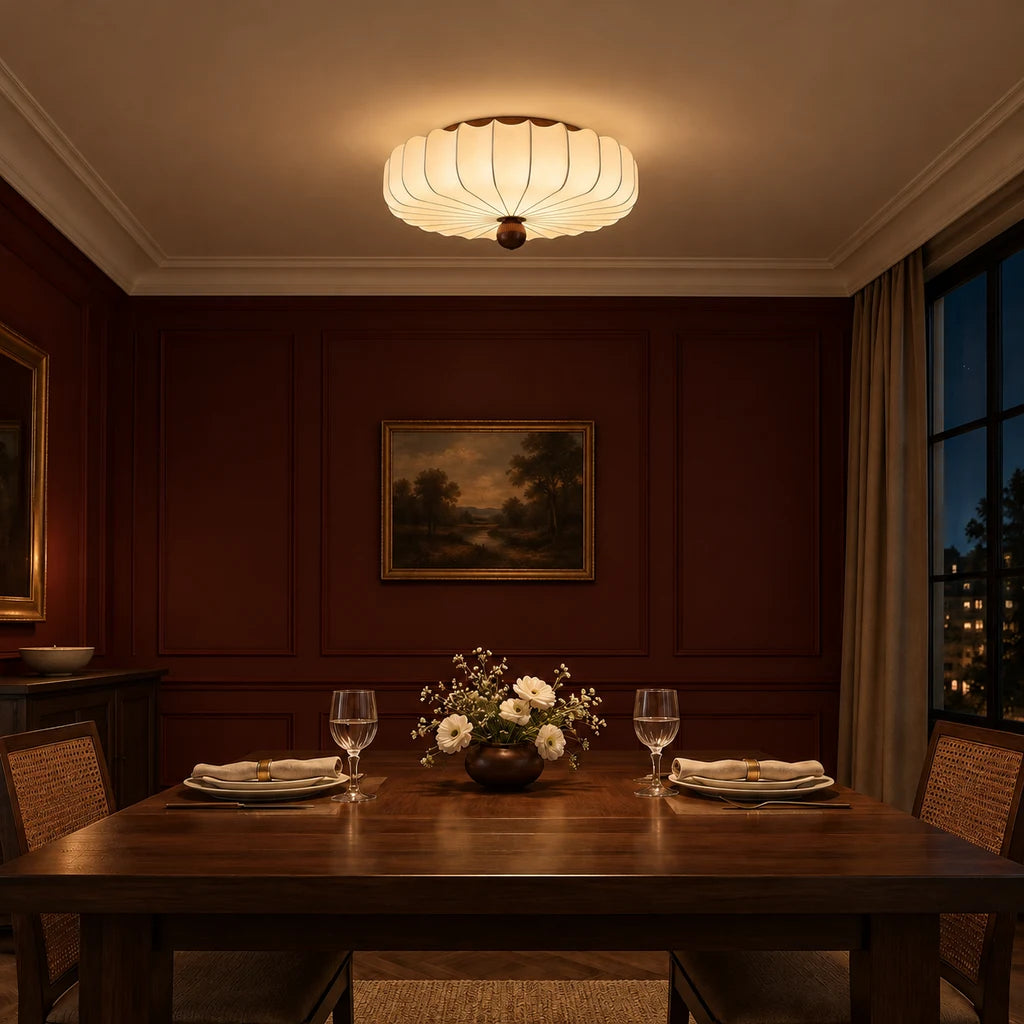 Alina 23.6 inch petal silk flush mount in a dark burgundy dining room