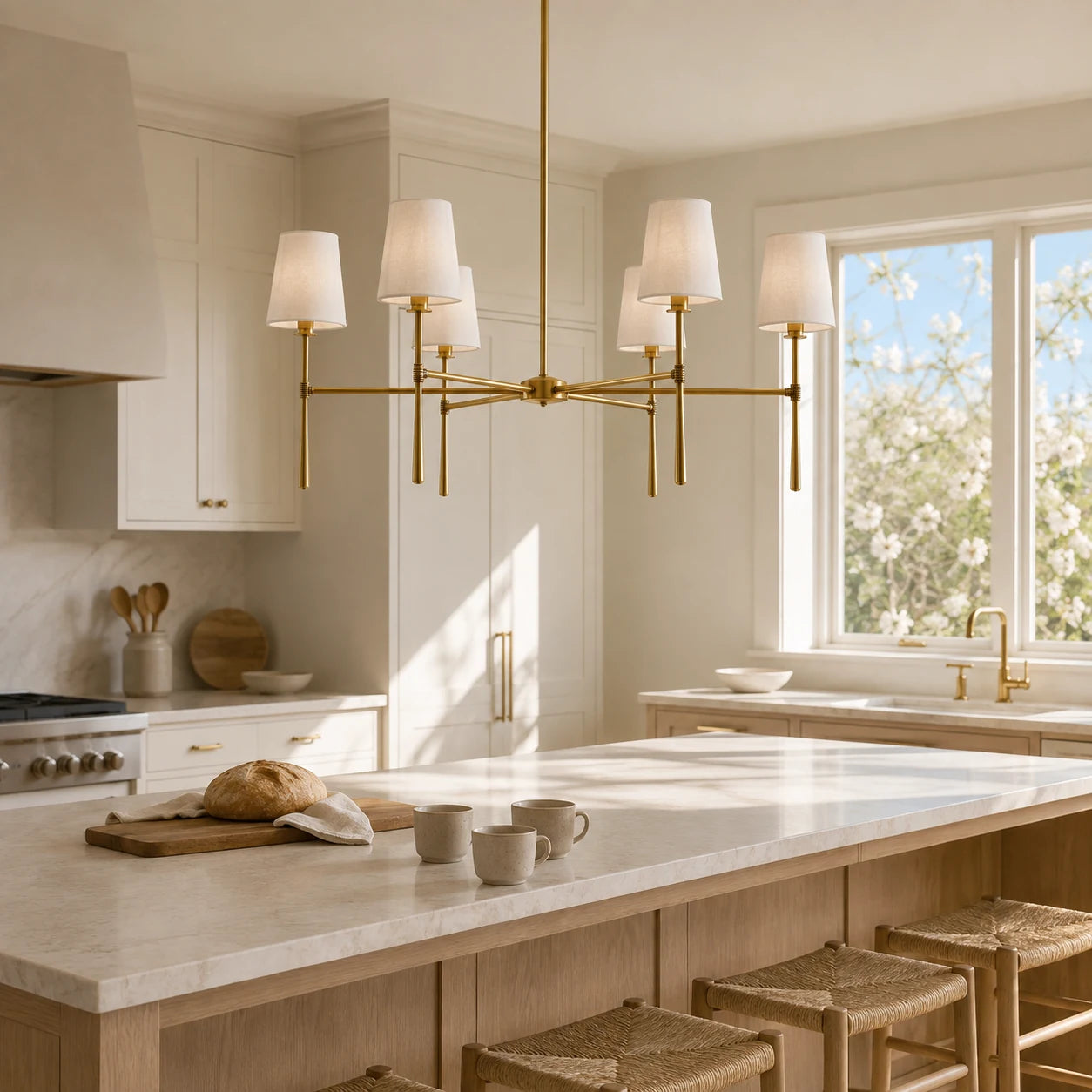 Single brass six-light chandelier above a sunlit kitchen island