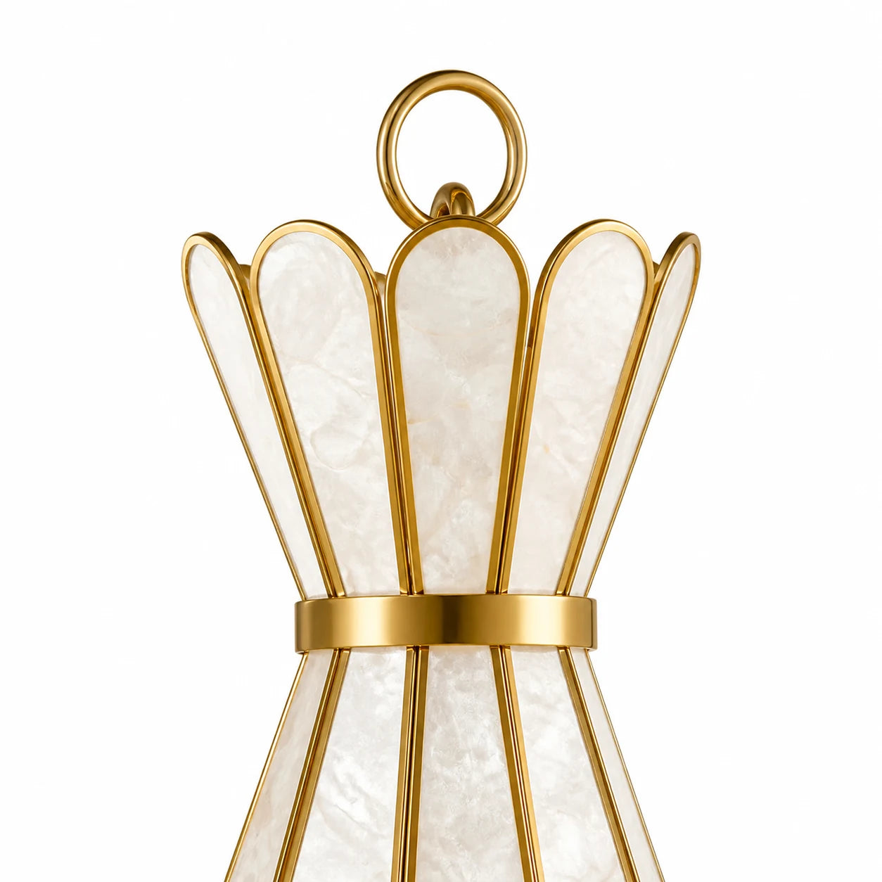 Close view of the Mira pendant petal crown and gold suspension ring