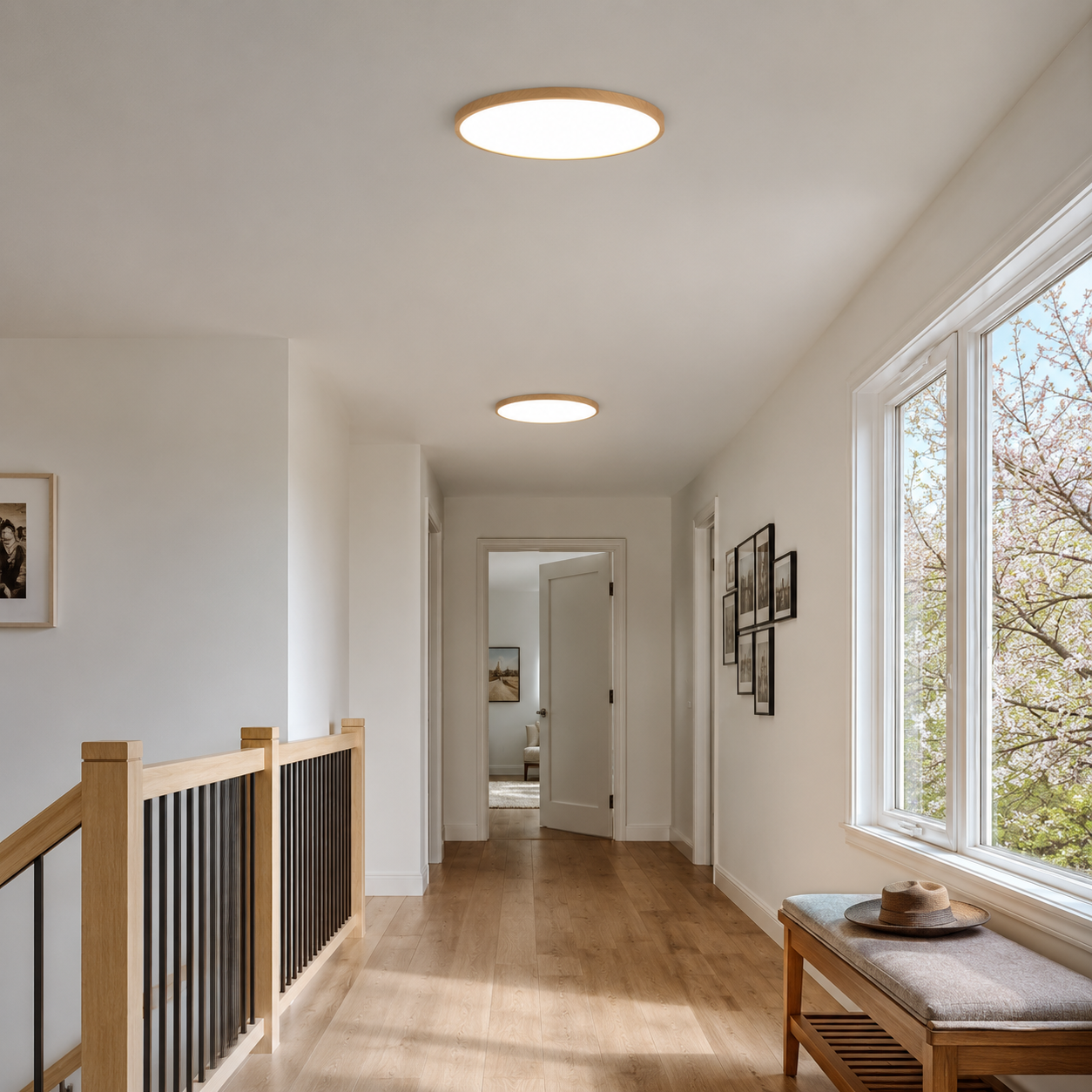 Two Natural Wood 11.8-inch Solenne ceiling lights along an upstairs hall