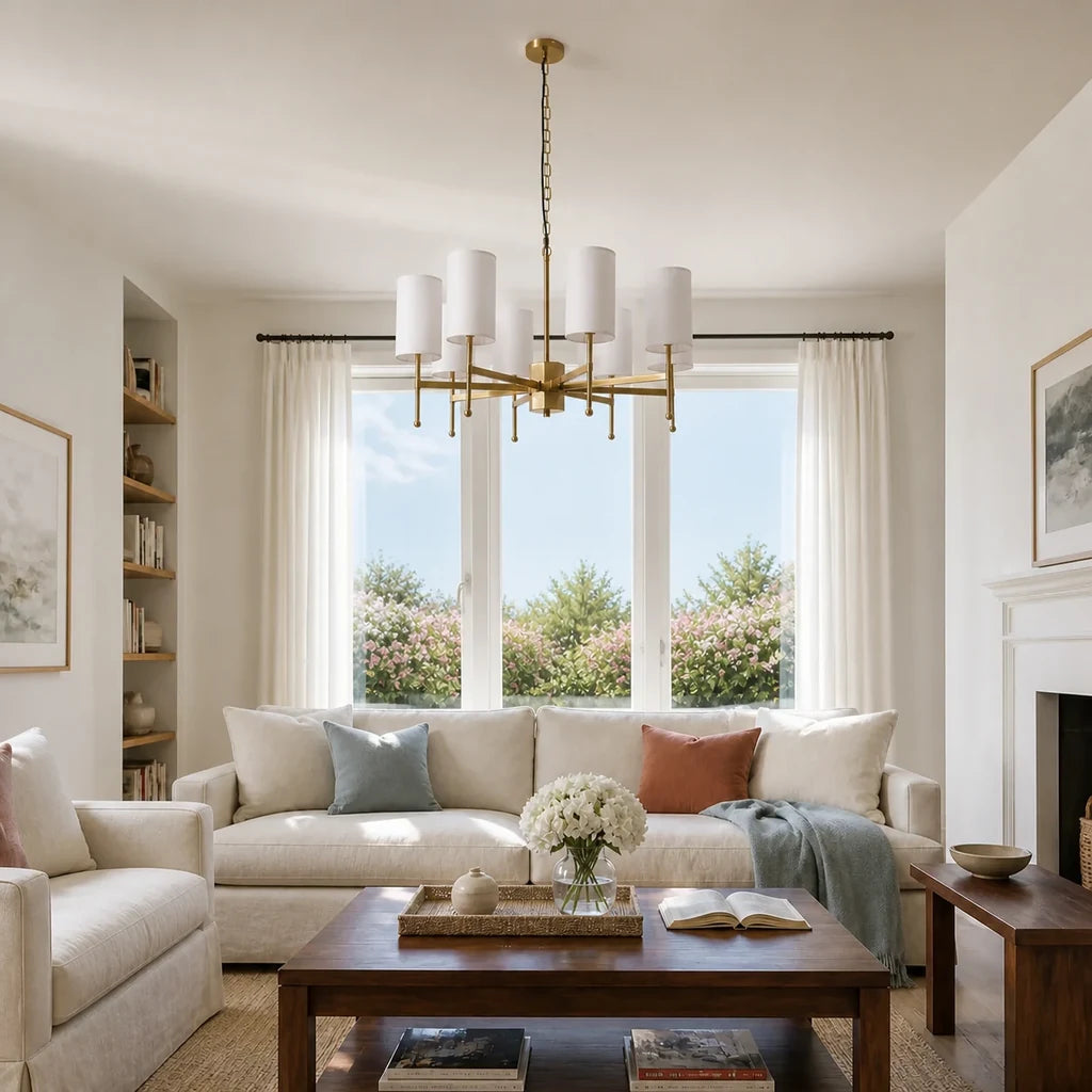 8-light Aster brass chandelier in a bright living room with garden views