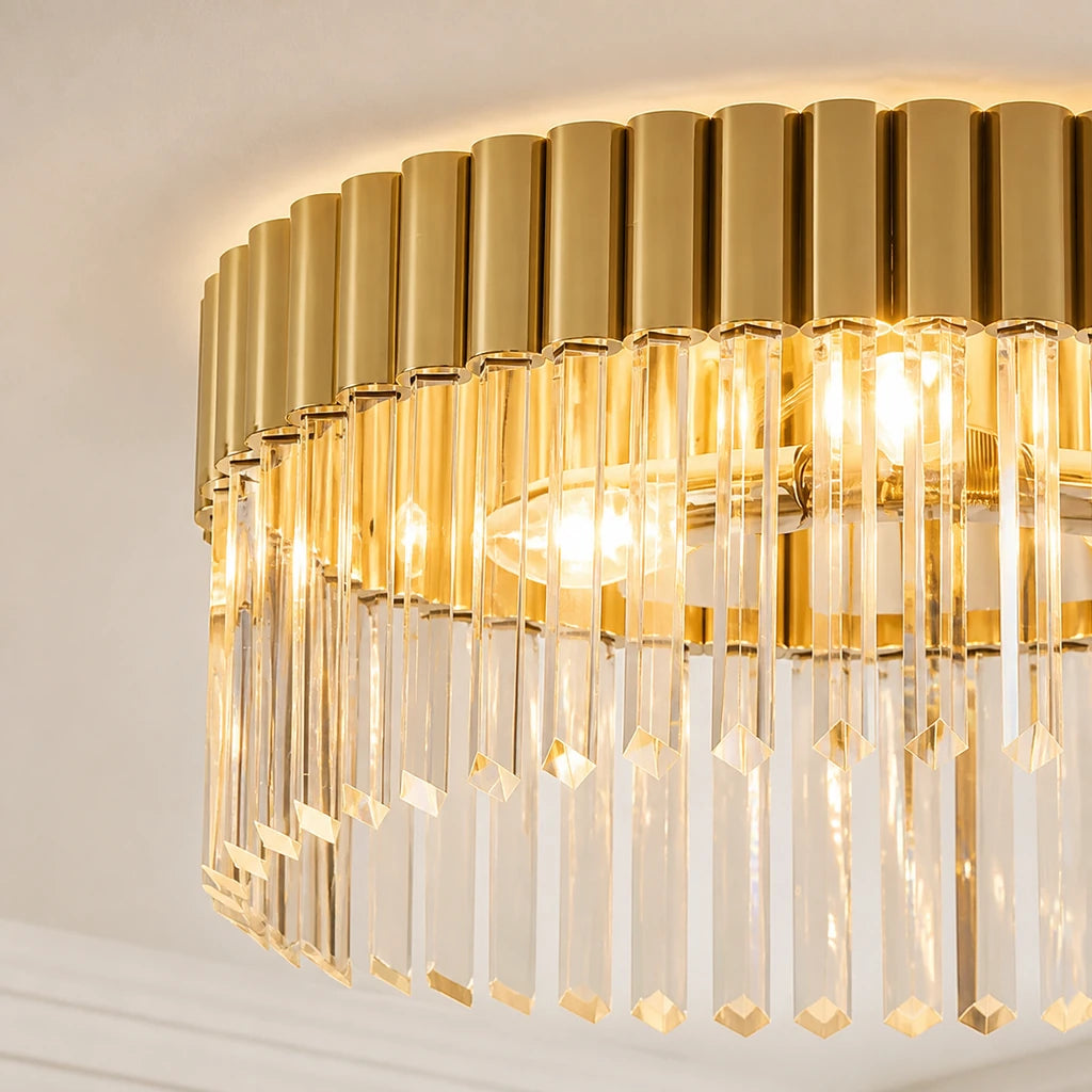 Switched-on Polished Champagne ribs and clear crystal detail on the Soline ceiling light