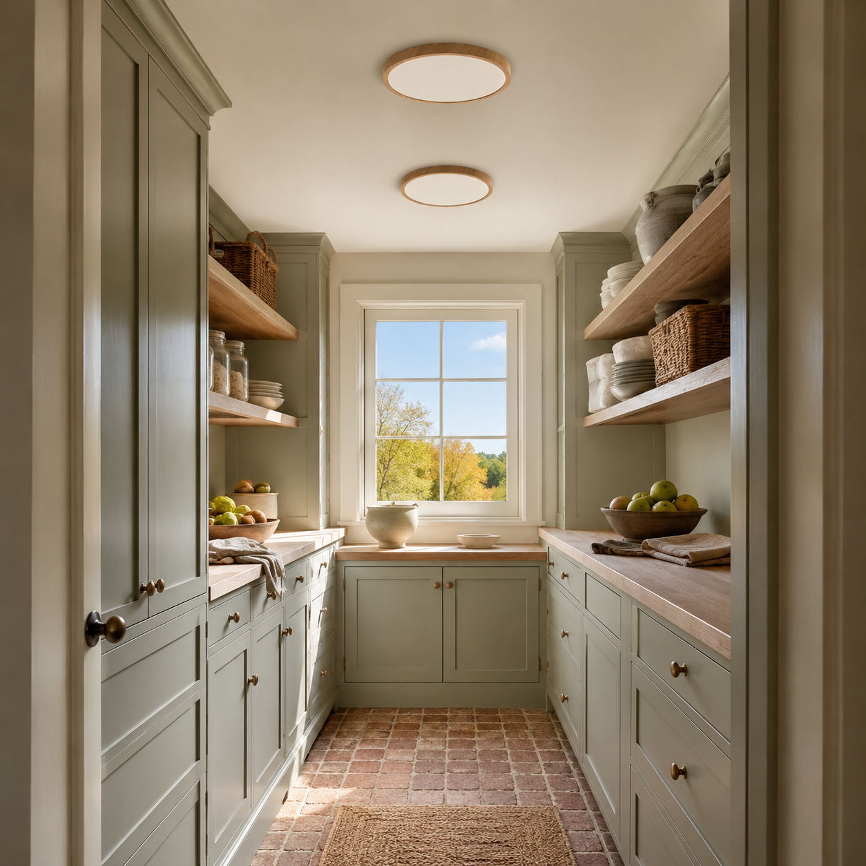 Two Natural Wood 11.8-inch Solenne ceiling lights in a compact pantry passage