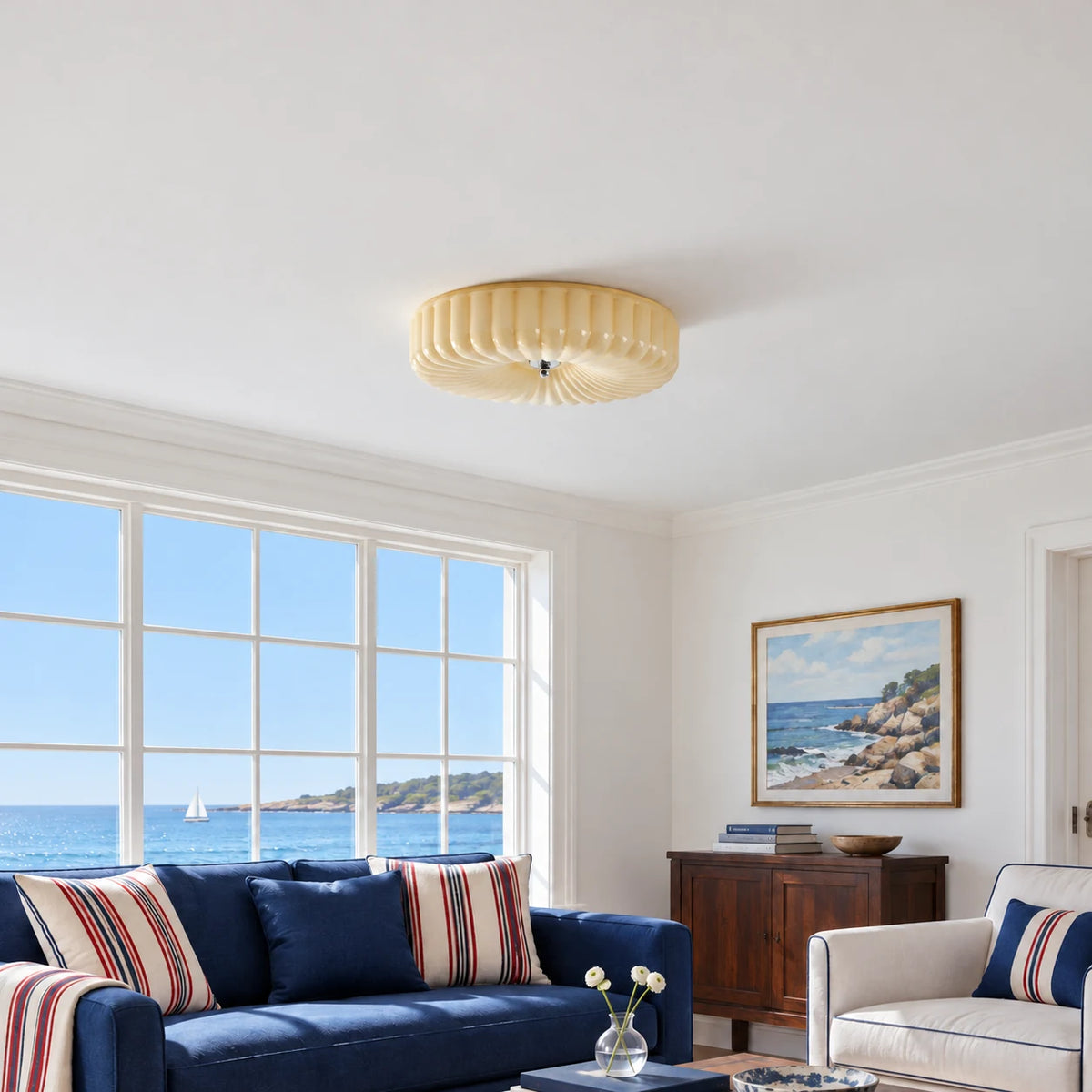 Maelis beige ribbed glass ceiling light in a blue coastal sitting room