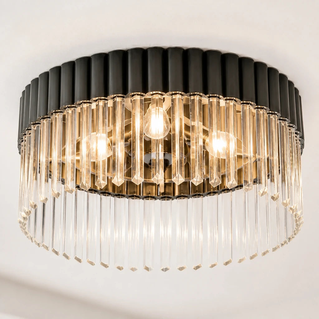 Switched-on Black Chrome ribs, crystal joints and three-light interior on the Soline ceiling light
