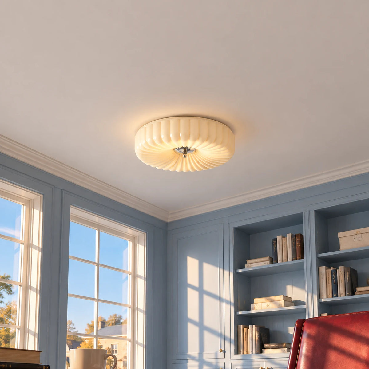 Maelis beige glass flush mount in a bright lived-in home office