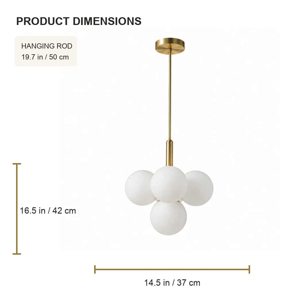 Elara compact chandelier dimensions: 14.5 in diameter, 16.5 in high, 19.7 in hanging rod