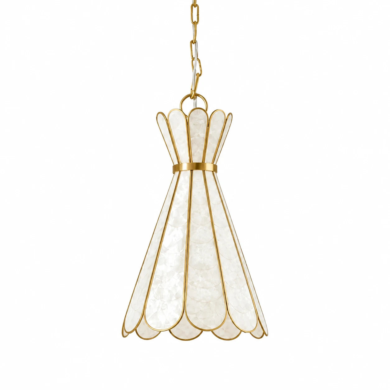 Mira Art Deco Capiz shell pendant light in white and gold on pure white