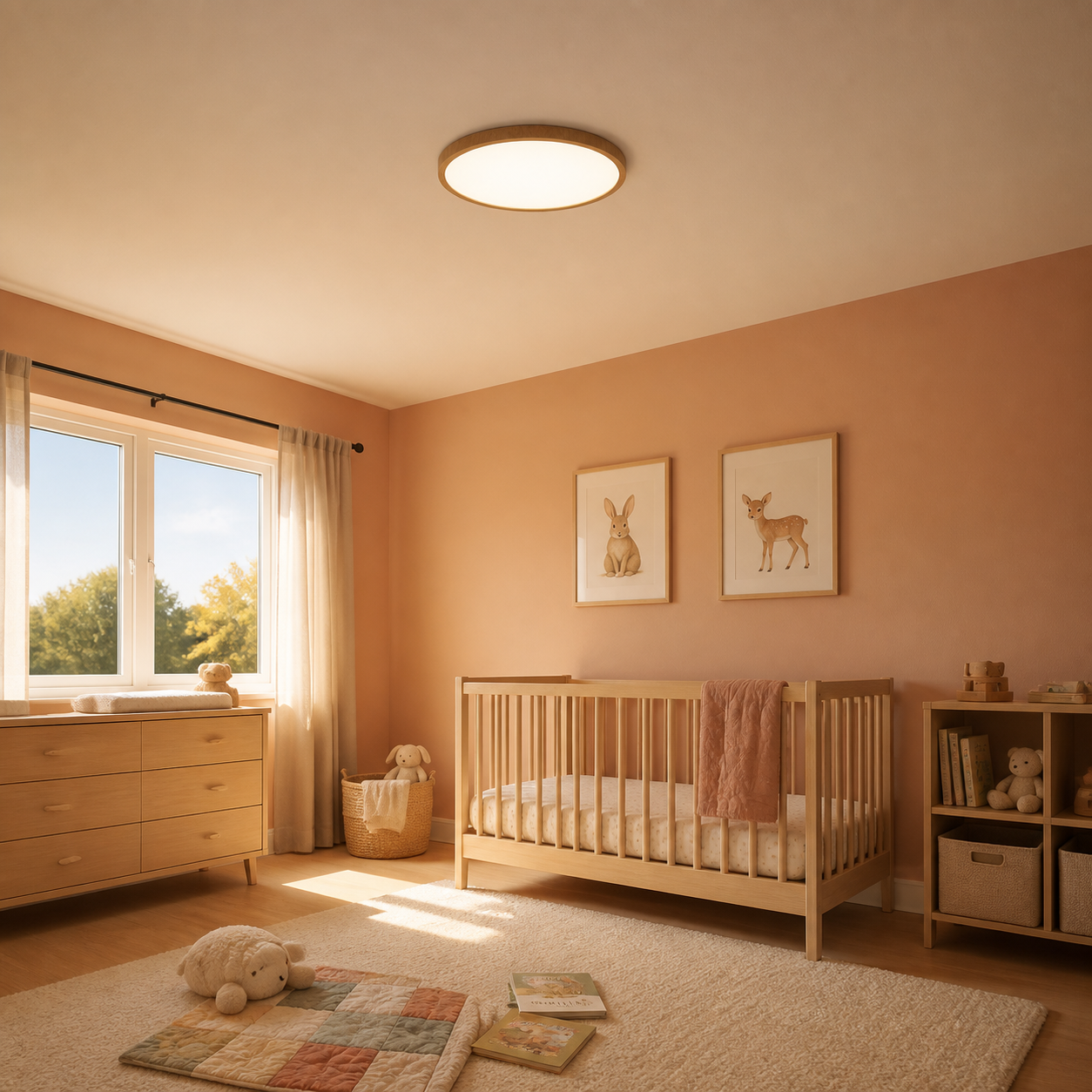 Natural Wood 15.7-inch Solenne ceiling light in a warm calm nursery