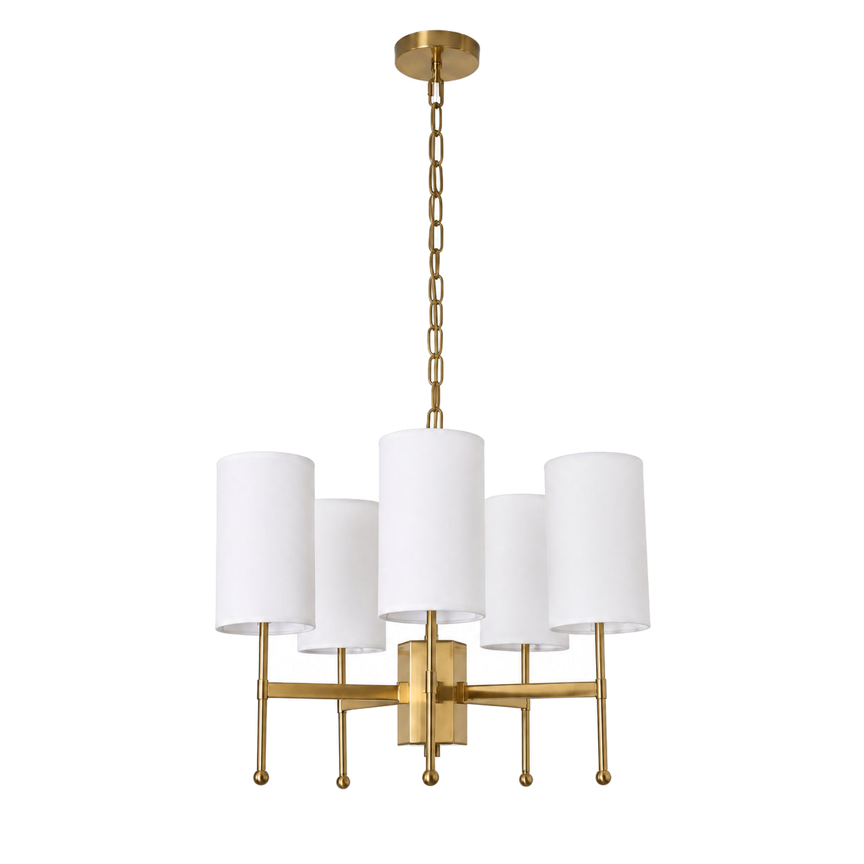 5-light Aster brass chandelier with white fabric shades on a pure white background