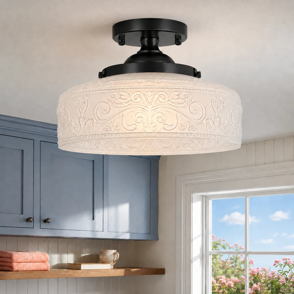 Rosalie black and white embossed glass semi flush ceiling light in a bright laundry room