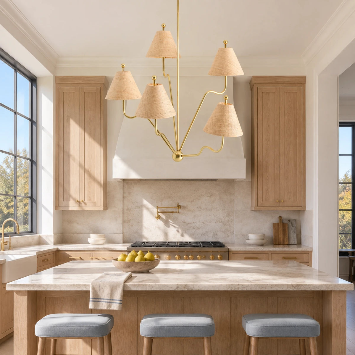 Brass raffia chandelier above a pale stone island in a bright white oak kitchen