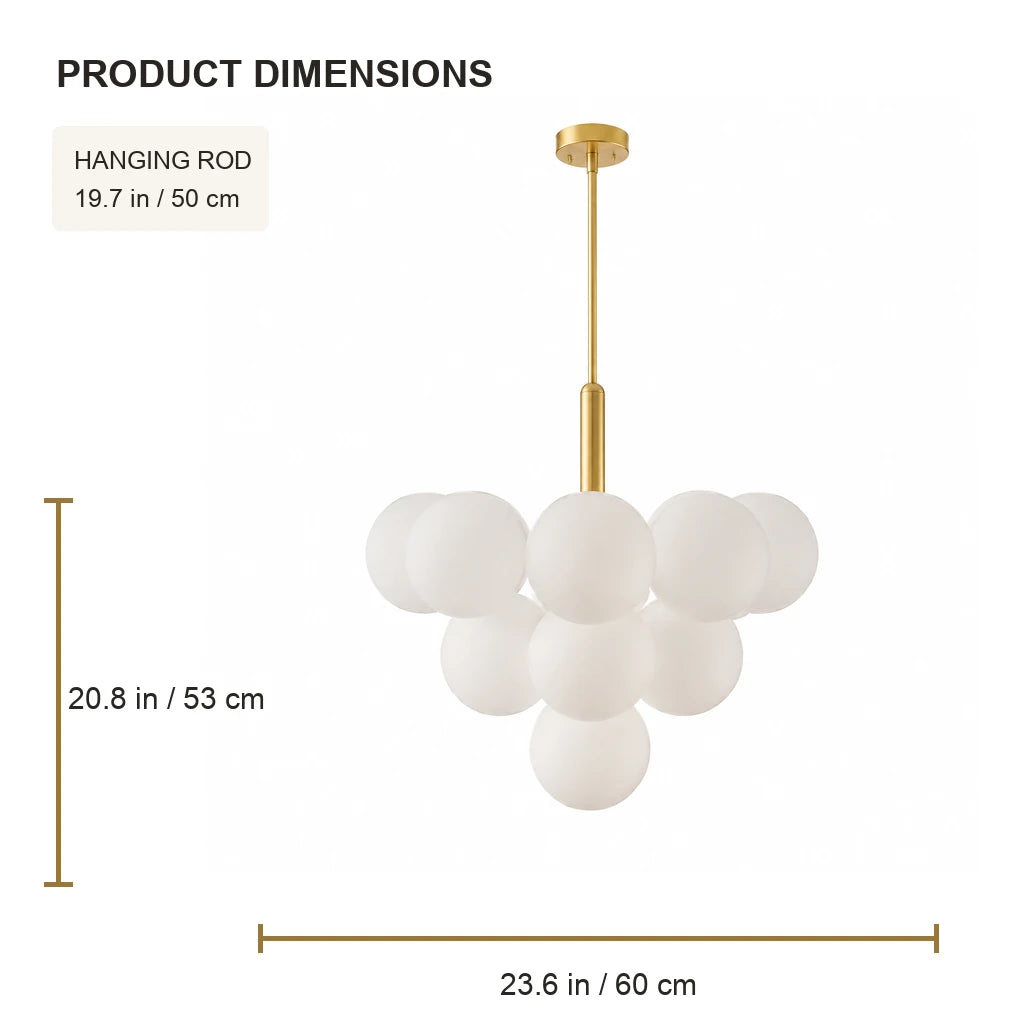 Elara large chandelier dimensions: 23.6 in diameter, 20.8 in high, 19.7 in hanging rod