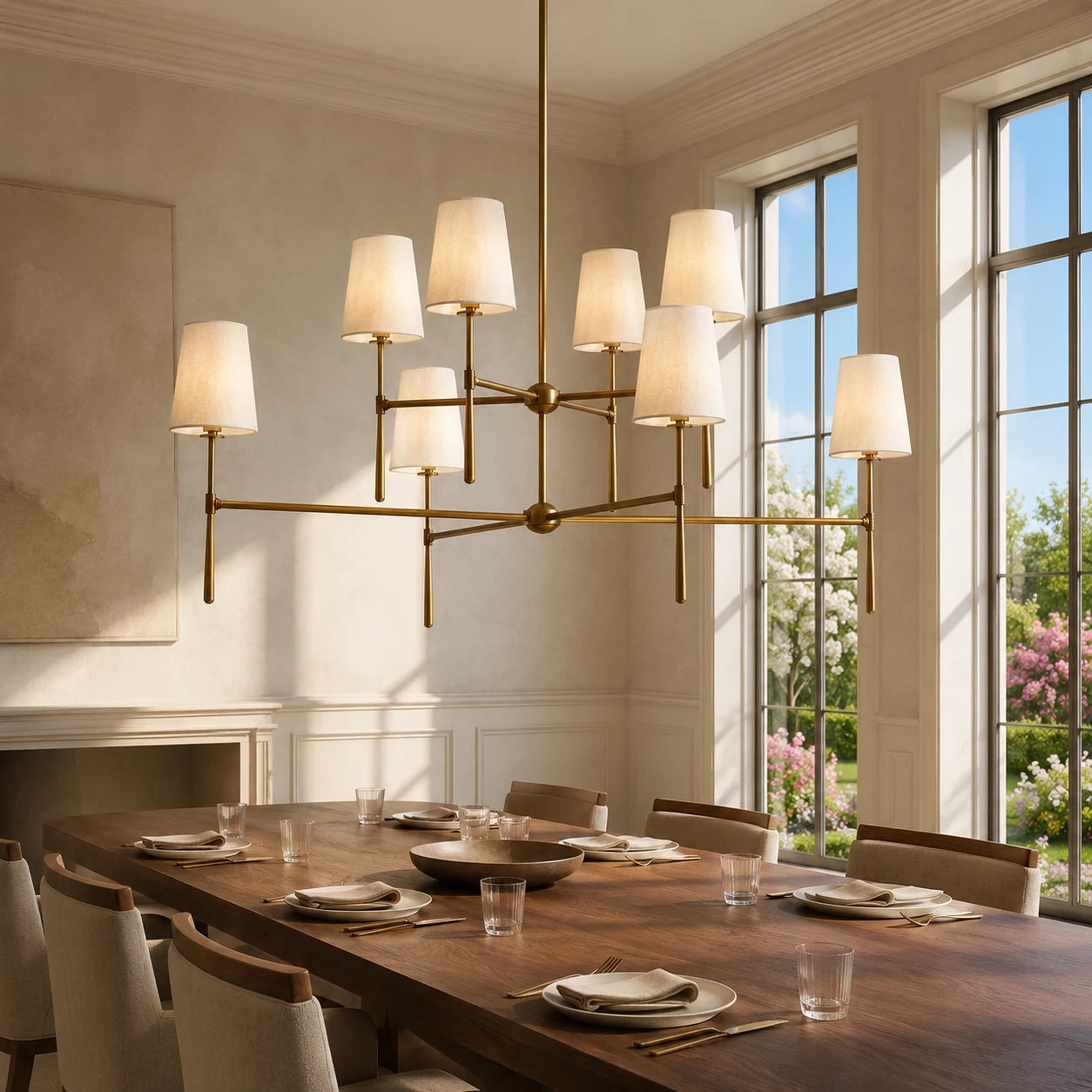 Brass eight-light two-tier chandelier above a grand walnut dining table