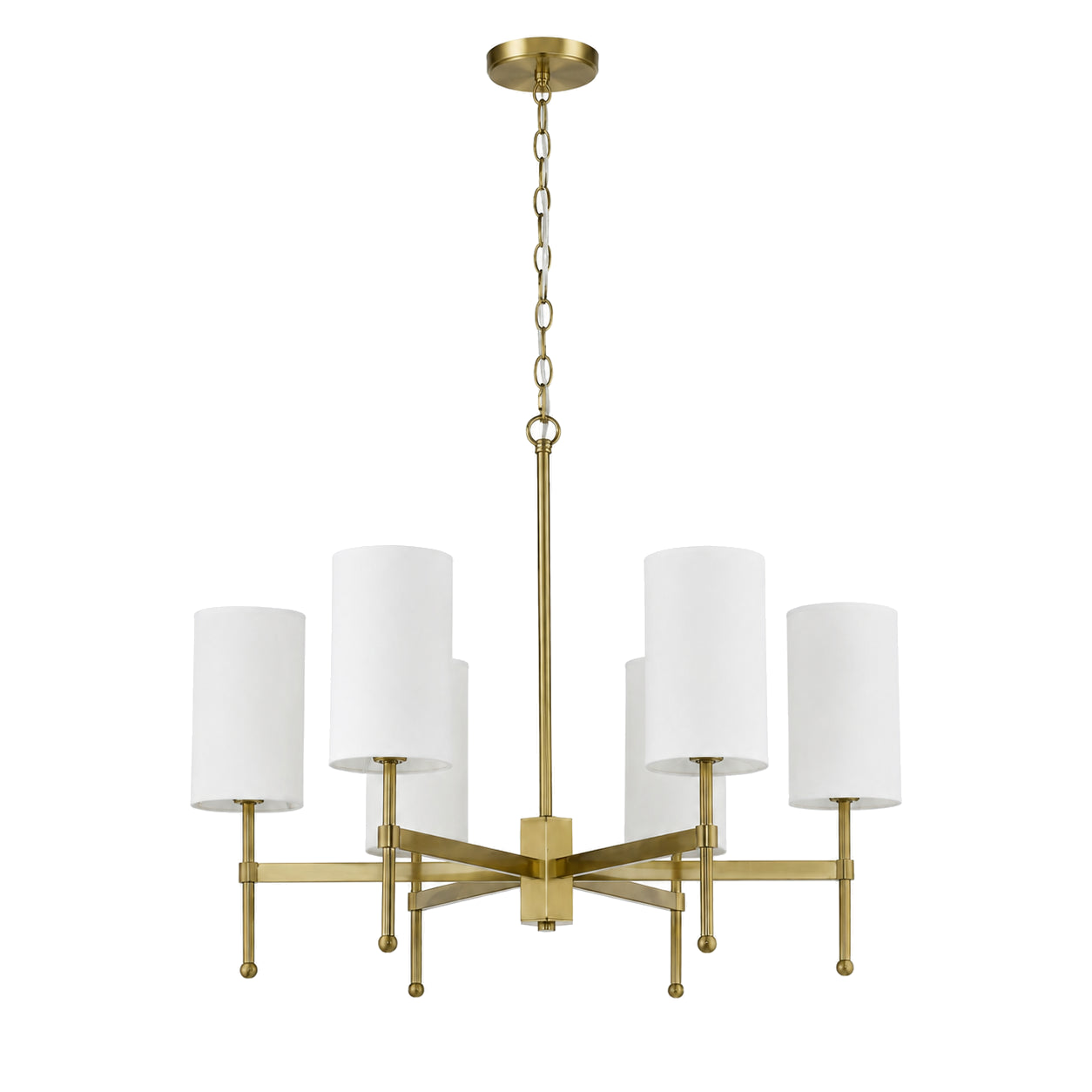 6-light Aster brass chandelier with white fabric shades on a pure white background