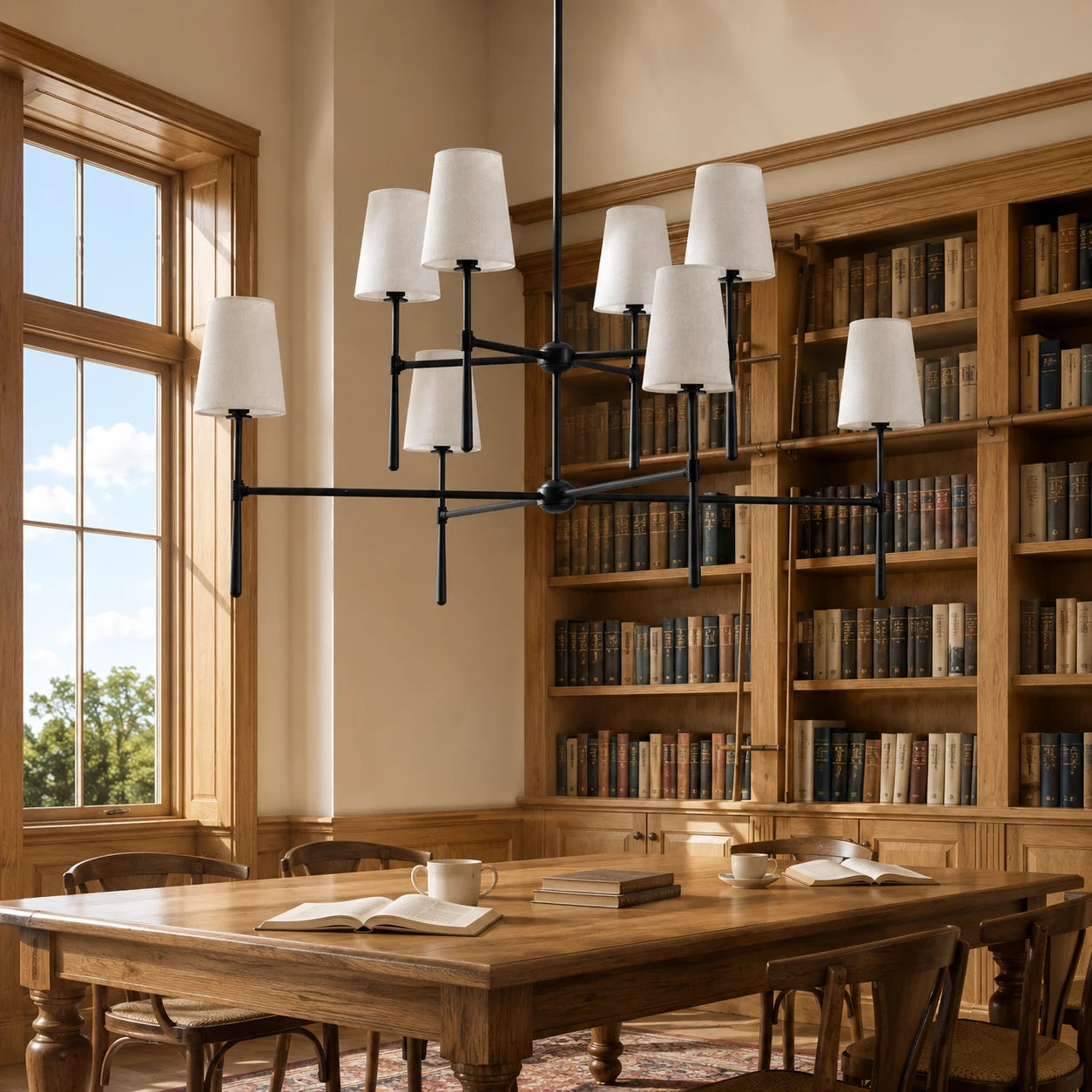 Black eight-light two-tier chandelier above an oak library table