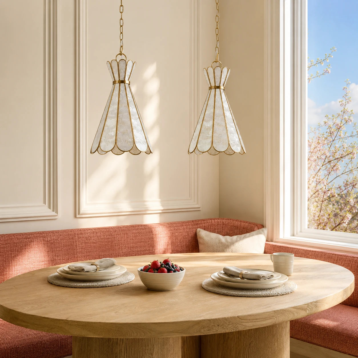 Mira Capiz shell pendant light in a bright breakfast alcove