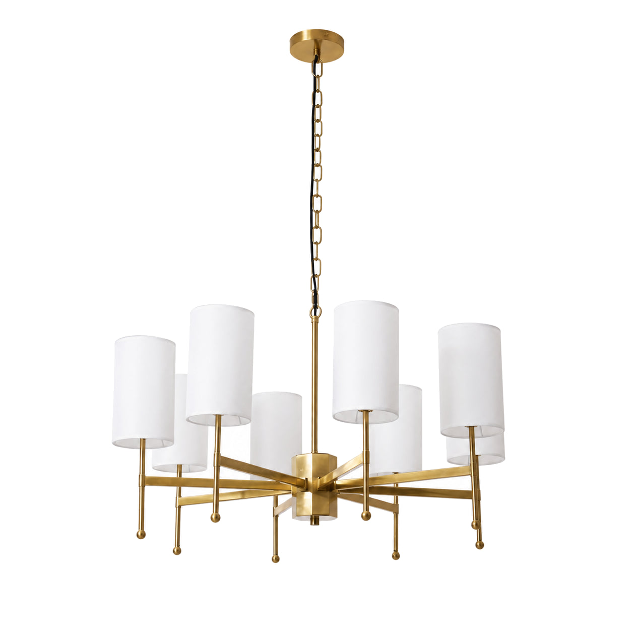 8-light Aster brass chandelier with white fabric shades on a pure white background