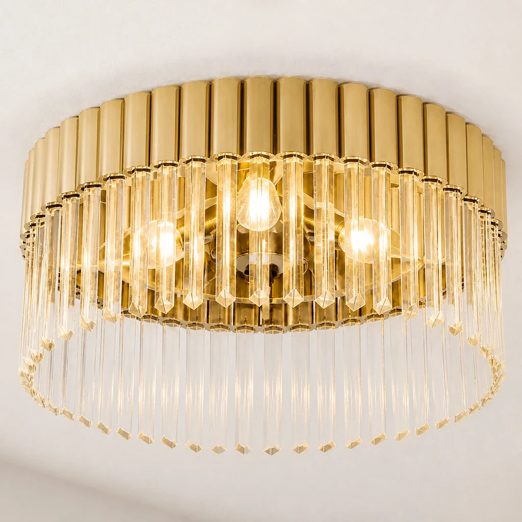 Close front view of the switched-on Soline Polished Champagne crystal flush mount