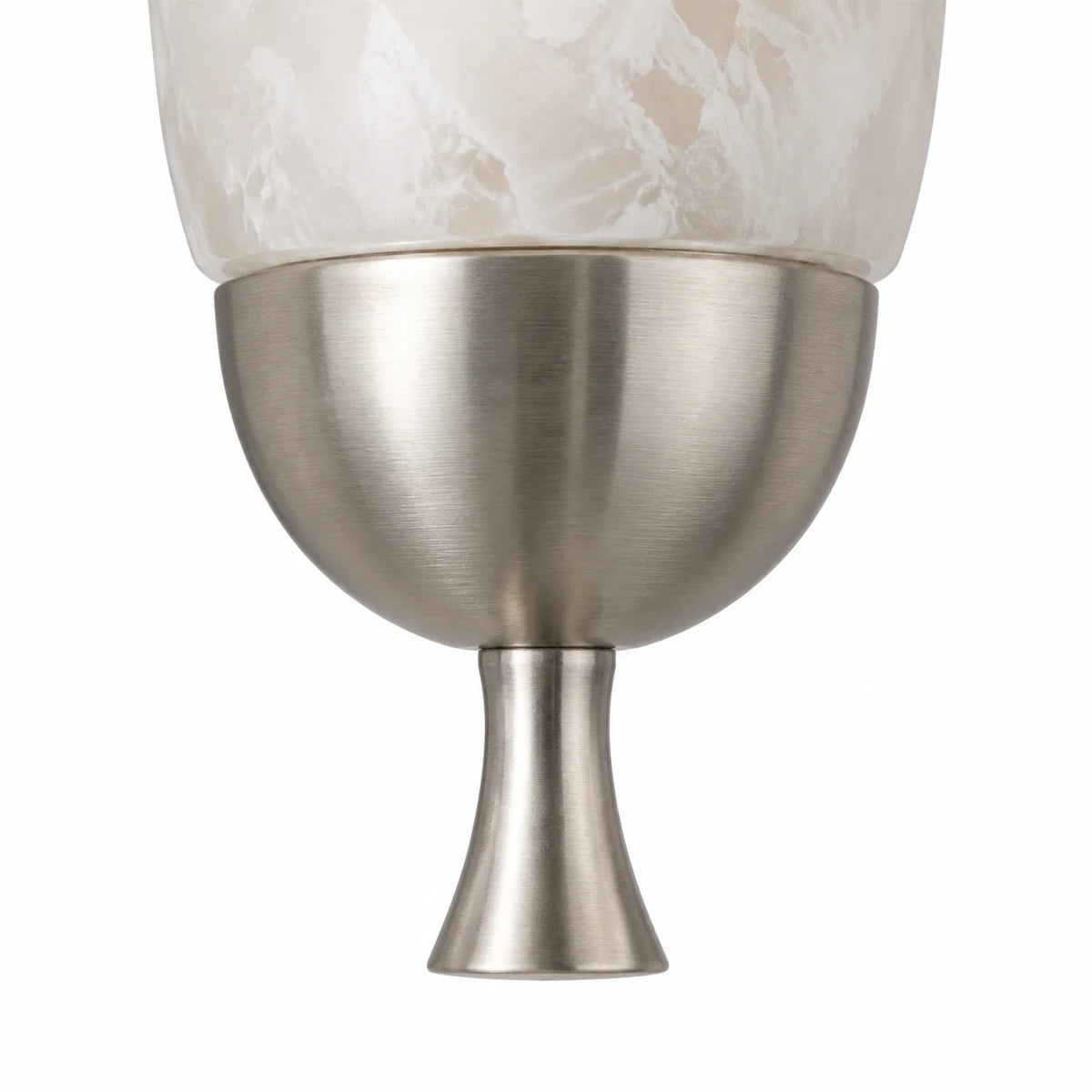Macro of satin nickel lower cup and flared finial