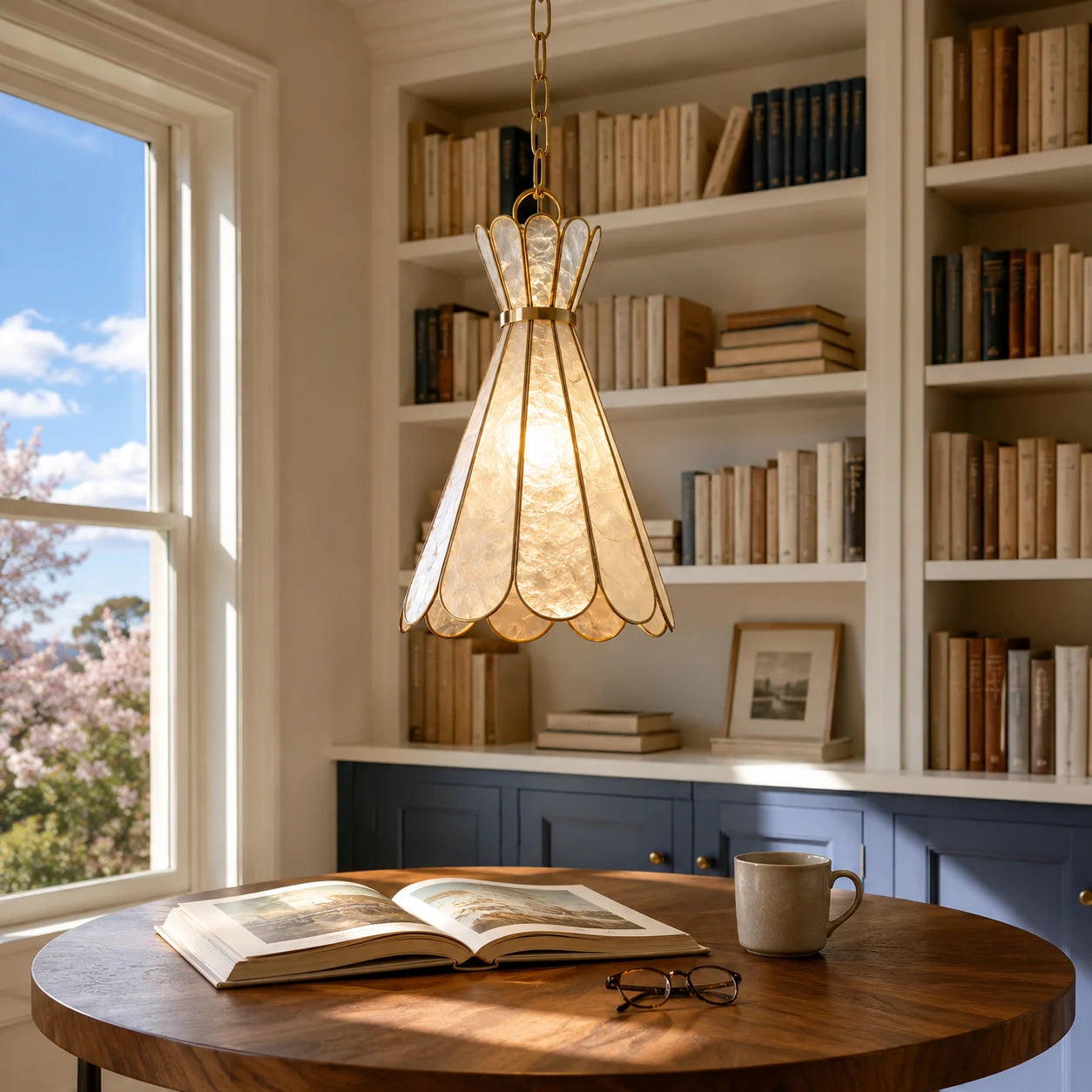 Mira Capiz shell pendant light above a warm library table