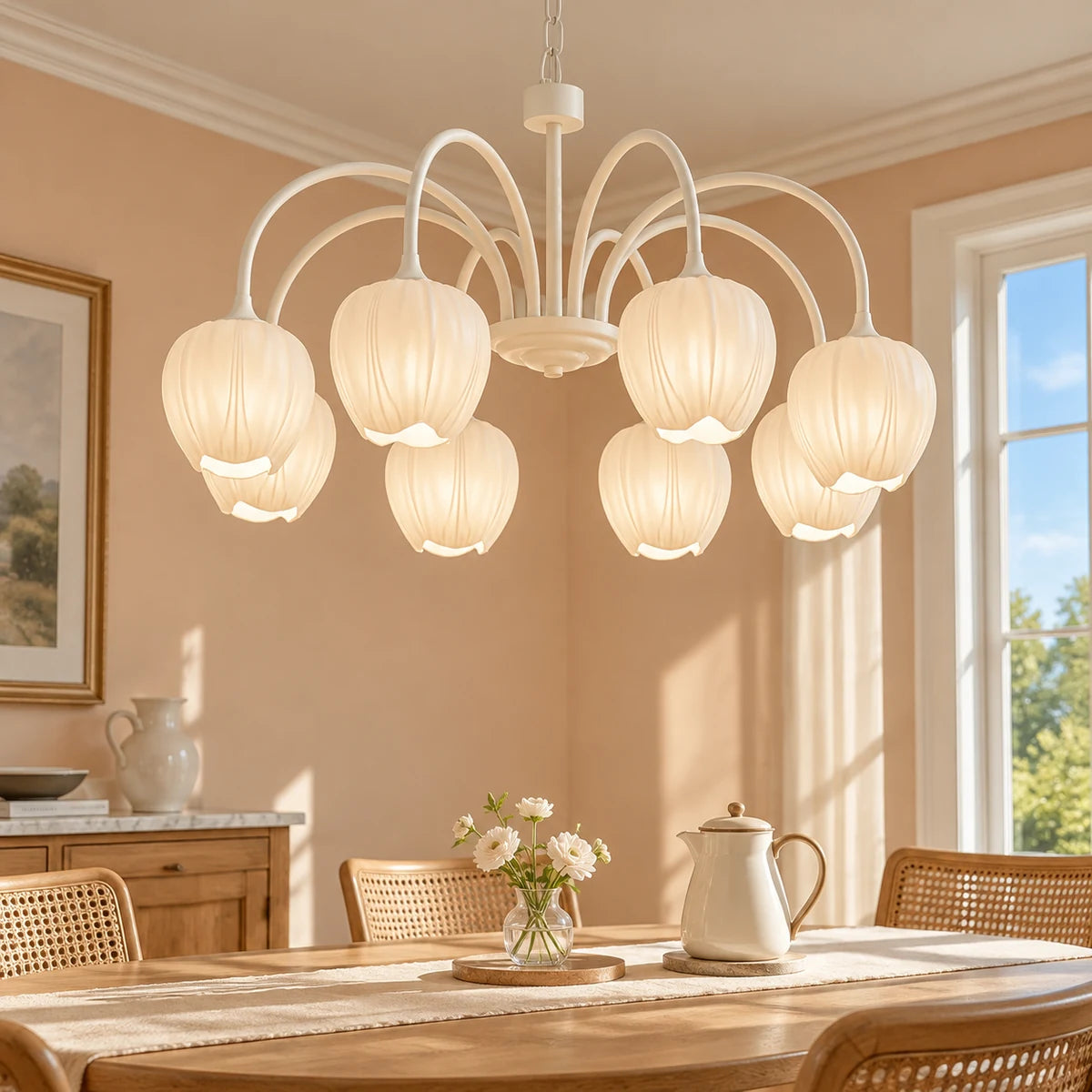 Tessara 8-light Creamy White tulip chandelier in a bright living room