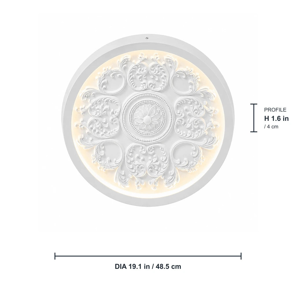 Aveline white medallion ceiling light front dimensions D 19.1 in by H 1.6 in