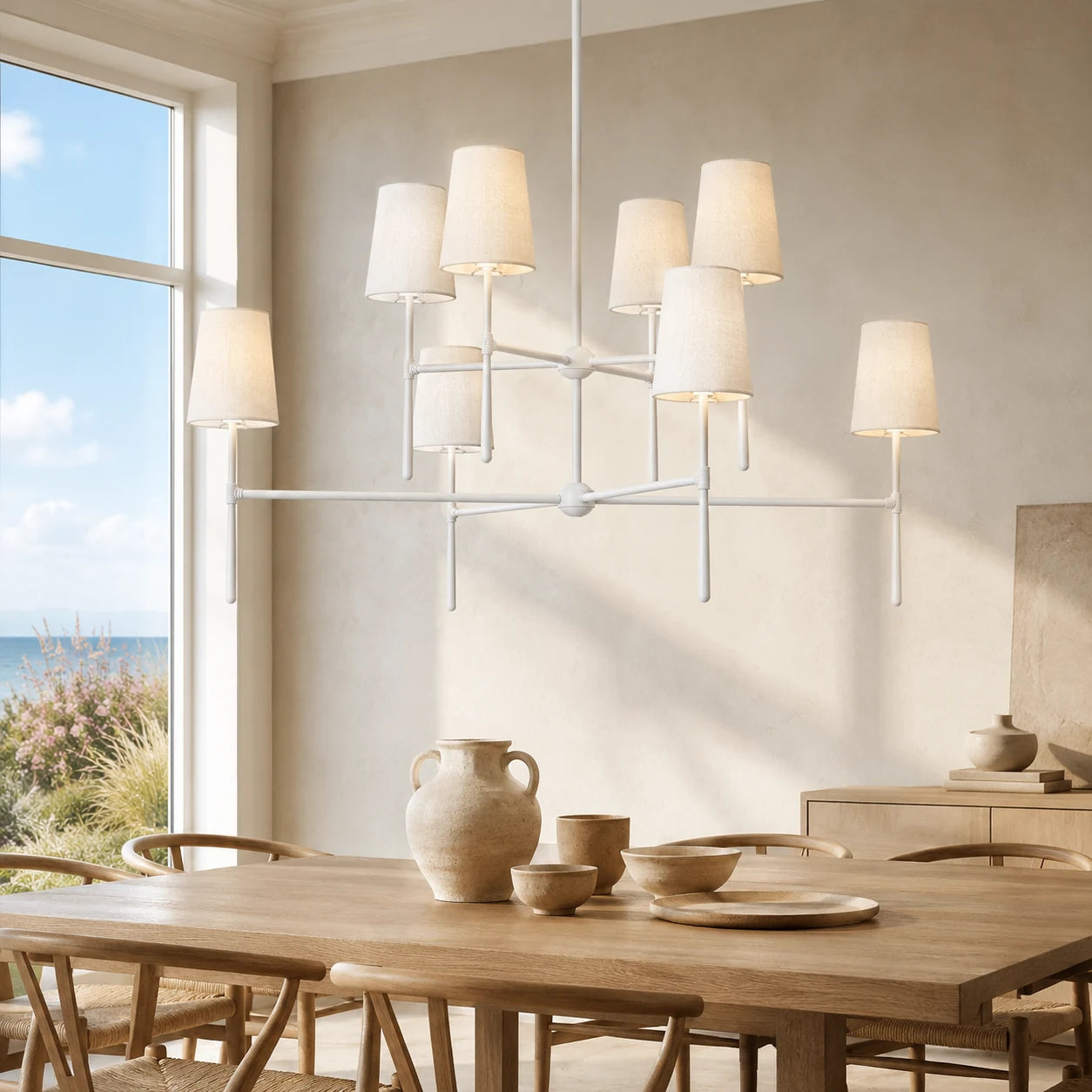 White eight-light two-tier chandelier above a coastal dining table