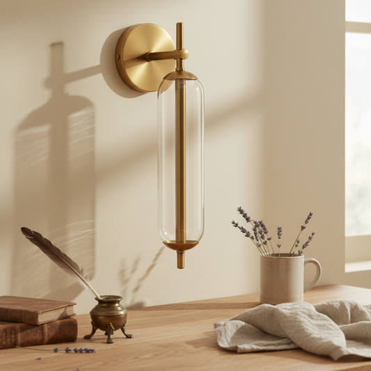 Zev Modern Brass Vertical Tube Clear Glass Wall Sconce