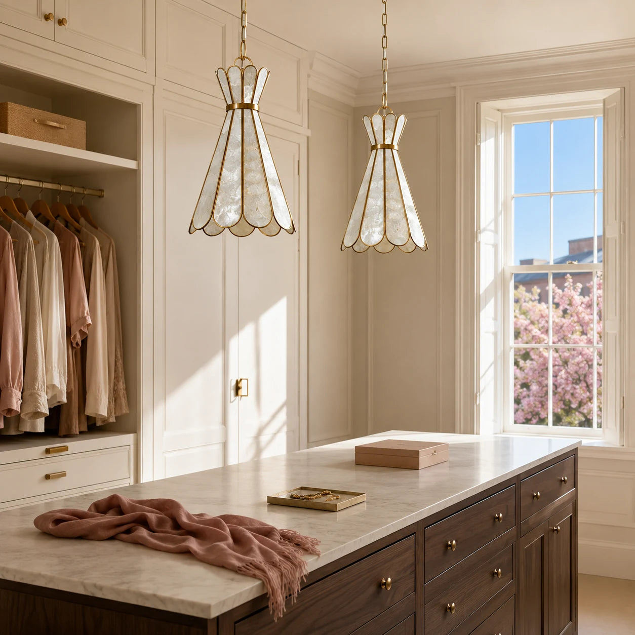 Mira Capiz shell pendant light above a dressing island